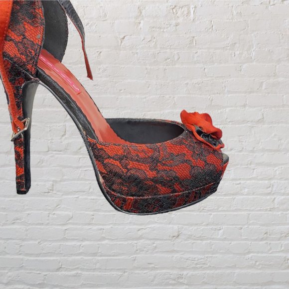 NEW BORDELLO -- Platform Stilettos, Red Satin w/Black Lace Overlay, Peep Toe - Picture 6 of 11